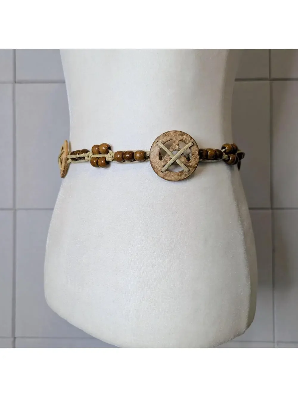 Vintage y2k beaded coconut shell tie wrap belt